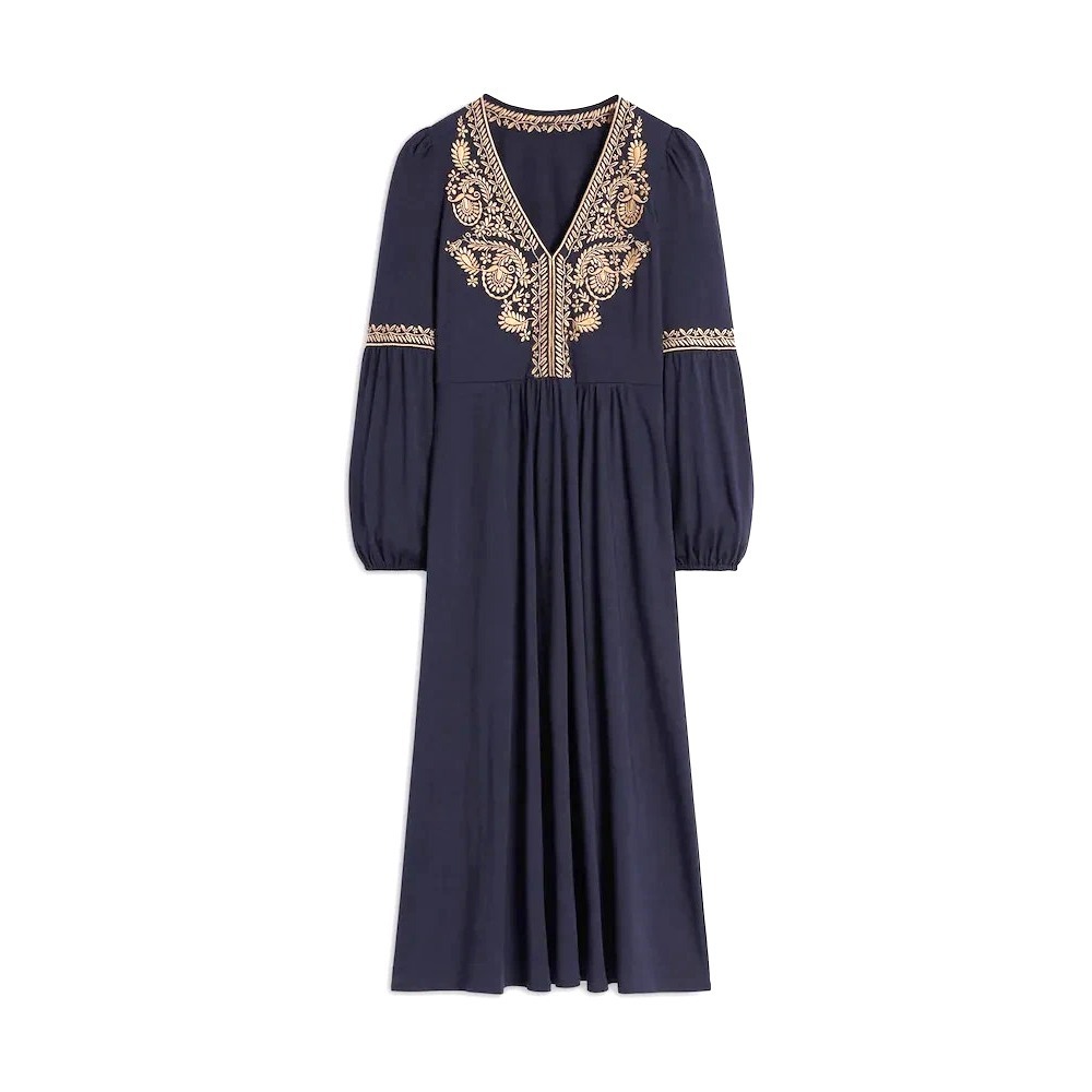 BODEN Embroidered Navy Blue Jersey Blouson Midi US 10 R - Picture 2 of 16